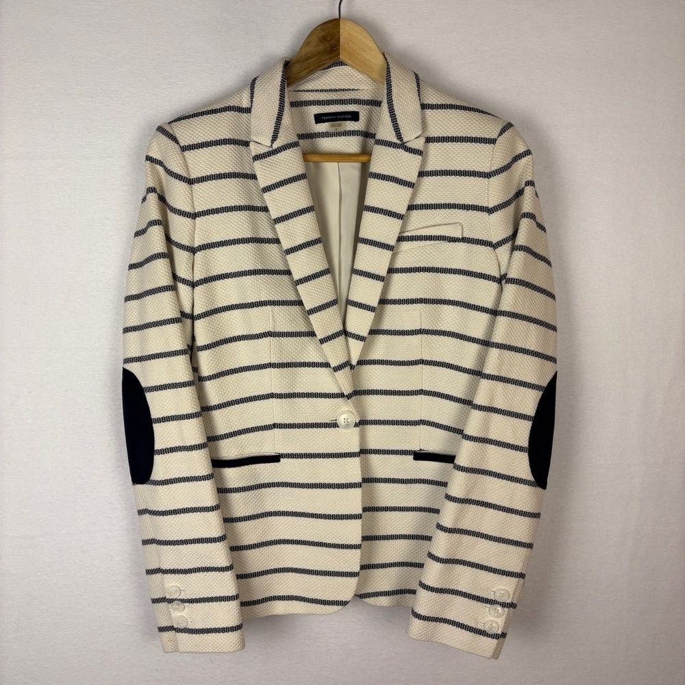 Tommy Hilfiger Cream Navy Stripe Nautical Preppy Blazer Elbow Patches